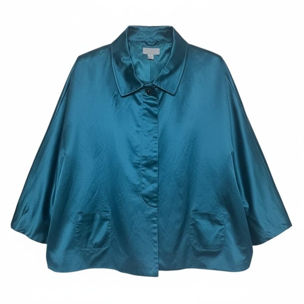 J.Jill Women's Size LP Swing Jacket Peacock Blue Sateen Stretch Cape Cropped